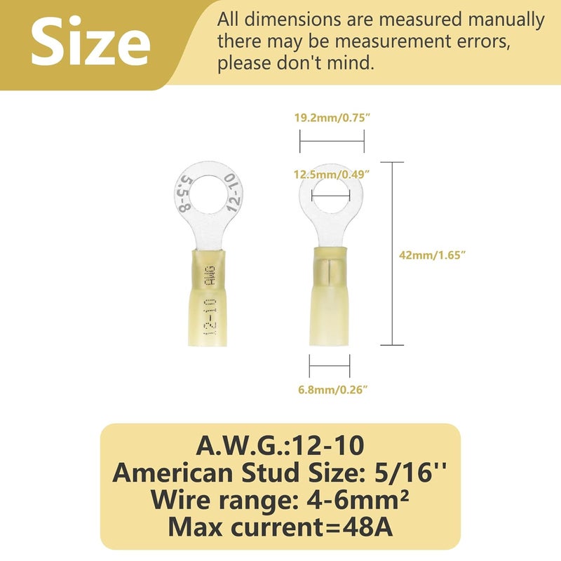 PRECIHW 100 PCS 5/16'' Heat Shrink Ring Terminals (12-10 AWG), Insulated Ring Terminals, Nylon Eyelet Wire Connectors, Insulated Crimp Electrical Connectors, Marine Grade Ring Terminals for Automotive, Audio - Image 5